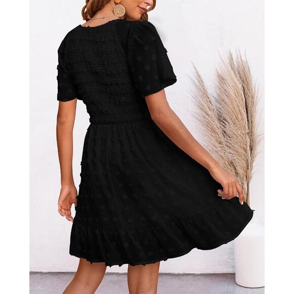 Women's Boho Summer Dress Polyester V Neck Flutter Short Sleeve Ruffled - Picture 4 of 8